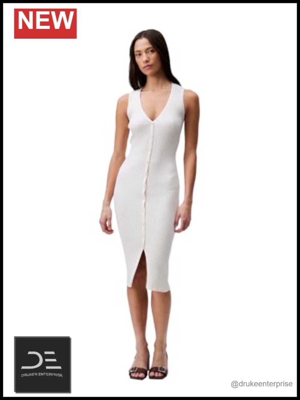 Calvin Klein Cotton Rib V-Neck Polo Dress Sleeveless Button-Front Midi Casual
